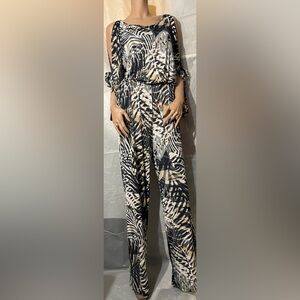 Janette Fashion John 3:16 Black White Palm Leaves Long Sleeve Jumpsuit Size S